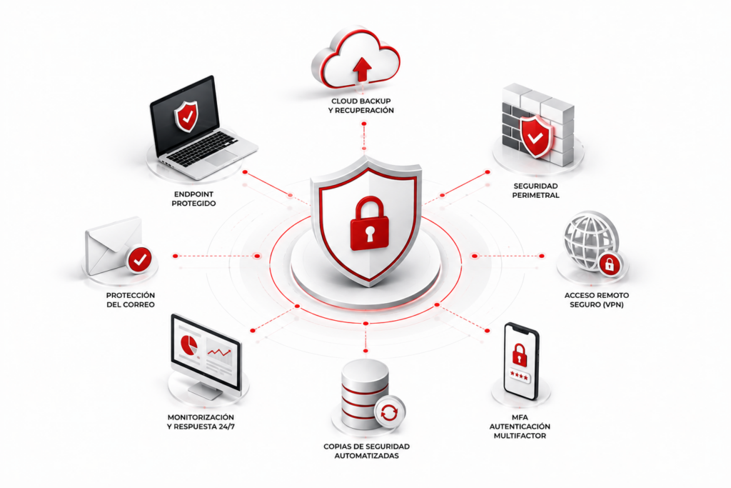 Diagrama de servicios de ciberseguridad para empresas con protección endpoint, VPN, MFA, cloud backup, monitorización 24/7 y copias de seguridad gestionadas.