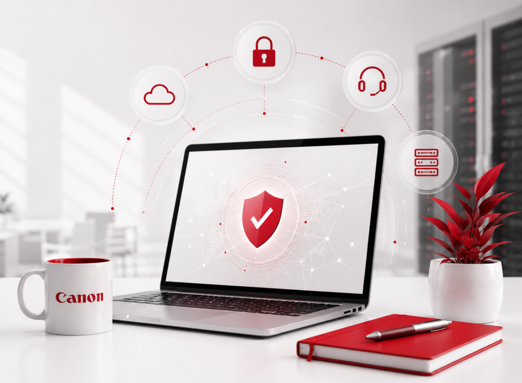 Portátil mostrando la página web de Canon Gipuzkoa con servicios IT para empresas, soporte informático, ciberseguridad e impresión profesional.